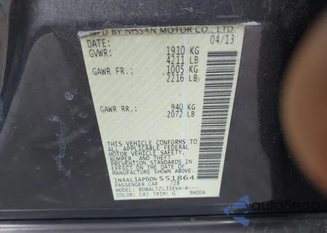 2013 Nissan Altima 2.5 Sv z USA, uszkodzony, nr VIN 1N4AL3AP6DN551864